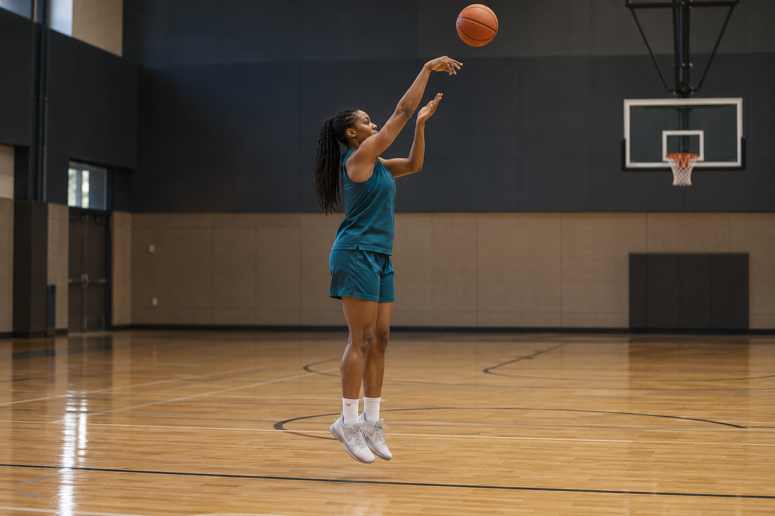 Illustrative scene of a woman practicing a jump shot